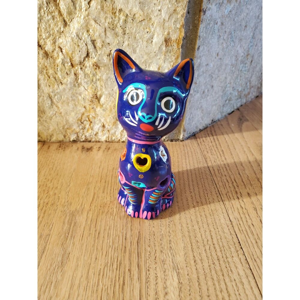 Mexican Pottery Blue Cat Figure Folk Art Hand Painted EUC